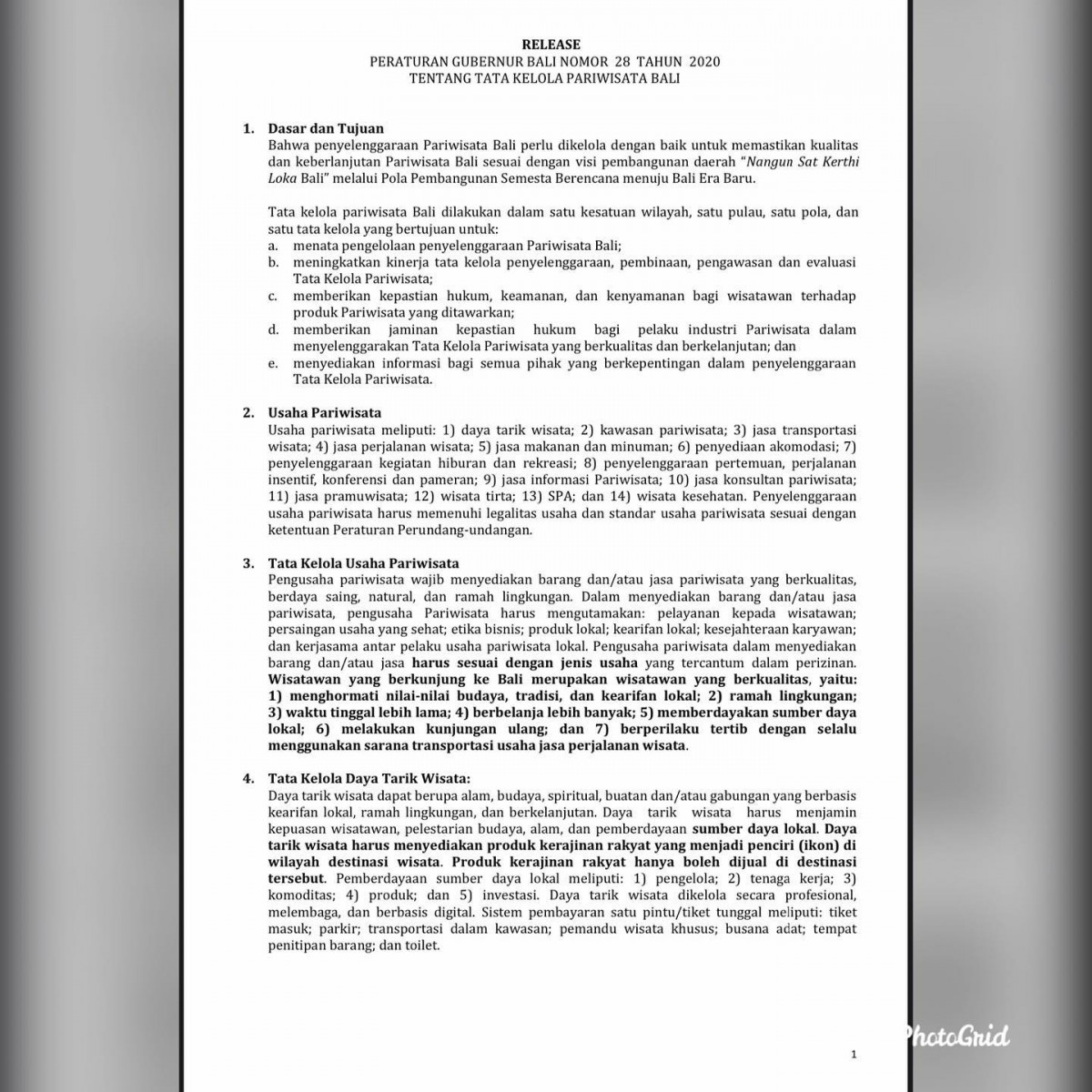 RELEASE PERATURAN GUBERNUR BALI NOMOR 28 TAHUN 2020 TENTANG TATA KELOLA PARIWISATA BALI