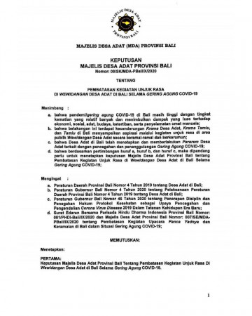 Keputusan Majelis Desa Adat Provinsi Bali Nomor : 08/SK/MDA-PBali/X/2020 Tentang Pembatasan Kegiatan Unjuk Rasa di Wewidangan Desa Adat di Bali Selama Gering Agung Covid-19