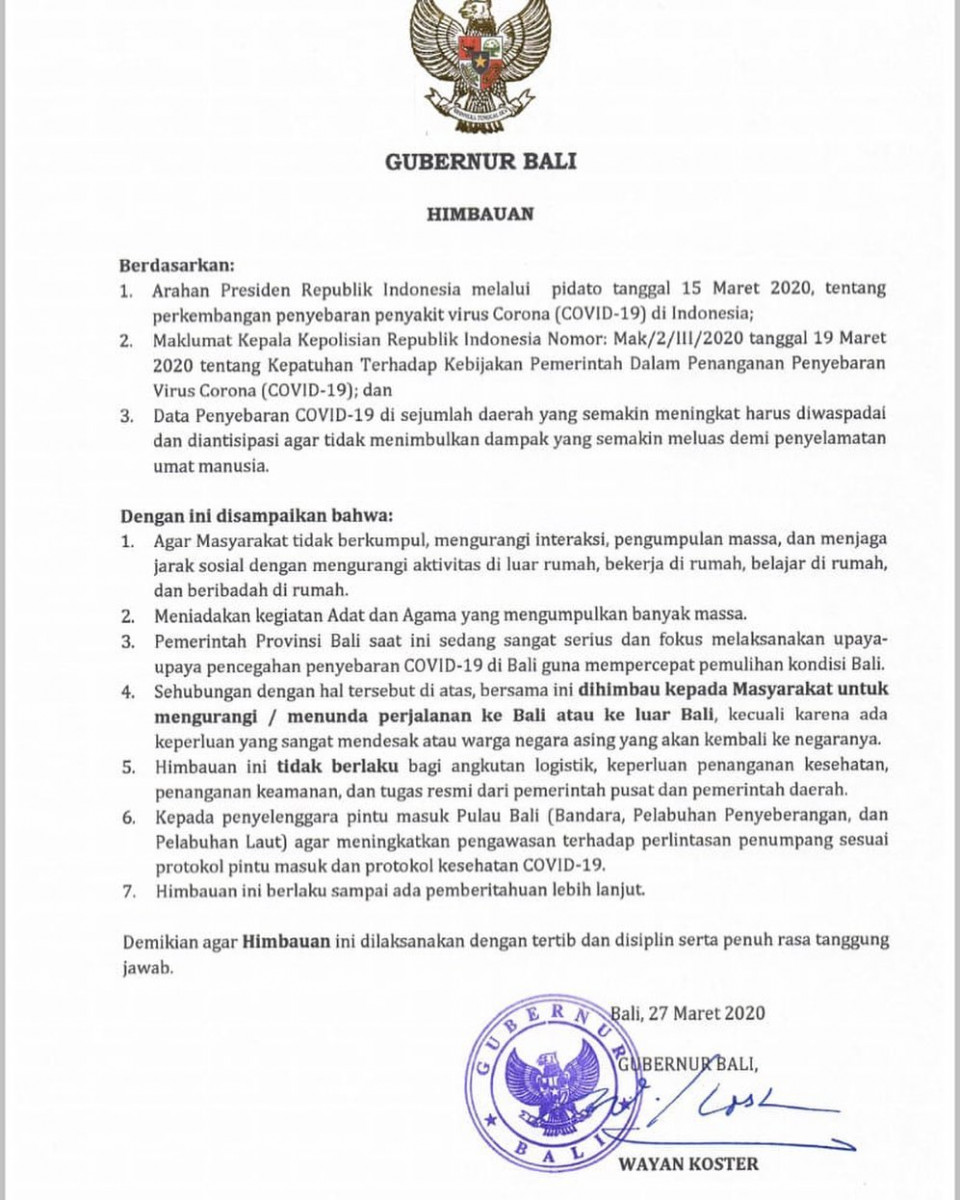 Himbauan Gubernur Bali, 27 Maret 2020