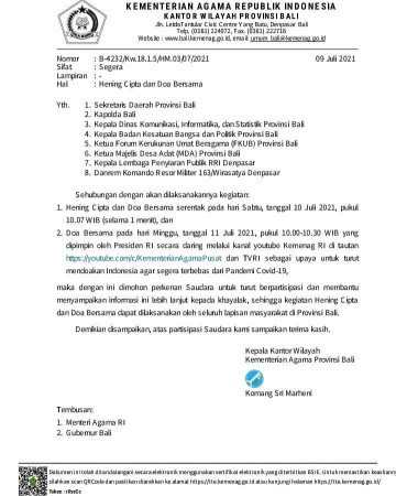 Surat Kementerian Agama Republik Indonesia Kantor Wilayah Provinsi Bali
