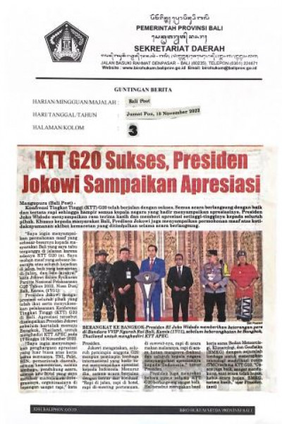 KTT G20 Sukses, Presiden Jokowi Sampaikan Apresiasi