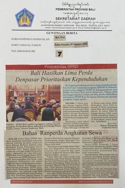 Bali Hasilkan Lima Perda, Denpasar Prioritaskan Kependudukan 