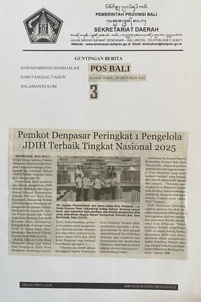 Pemkot Denpasar Peringkat 1 Pengelolaan JDIH Terbaik Tingkat Nasional 2025
